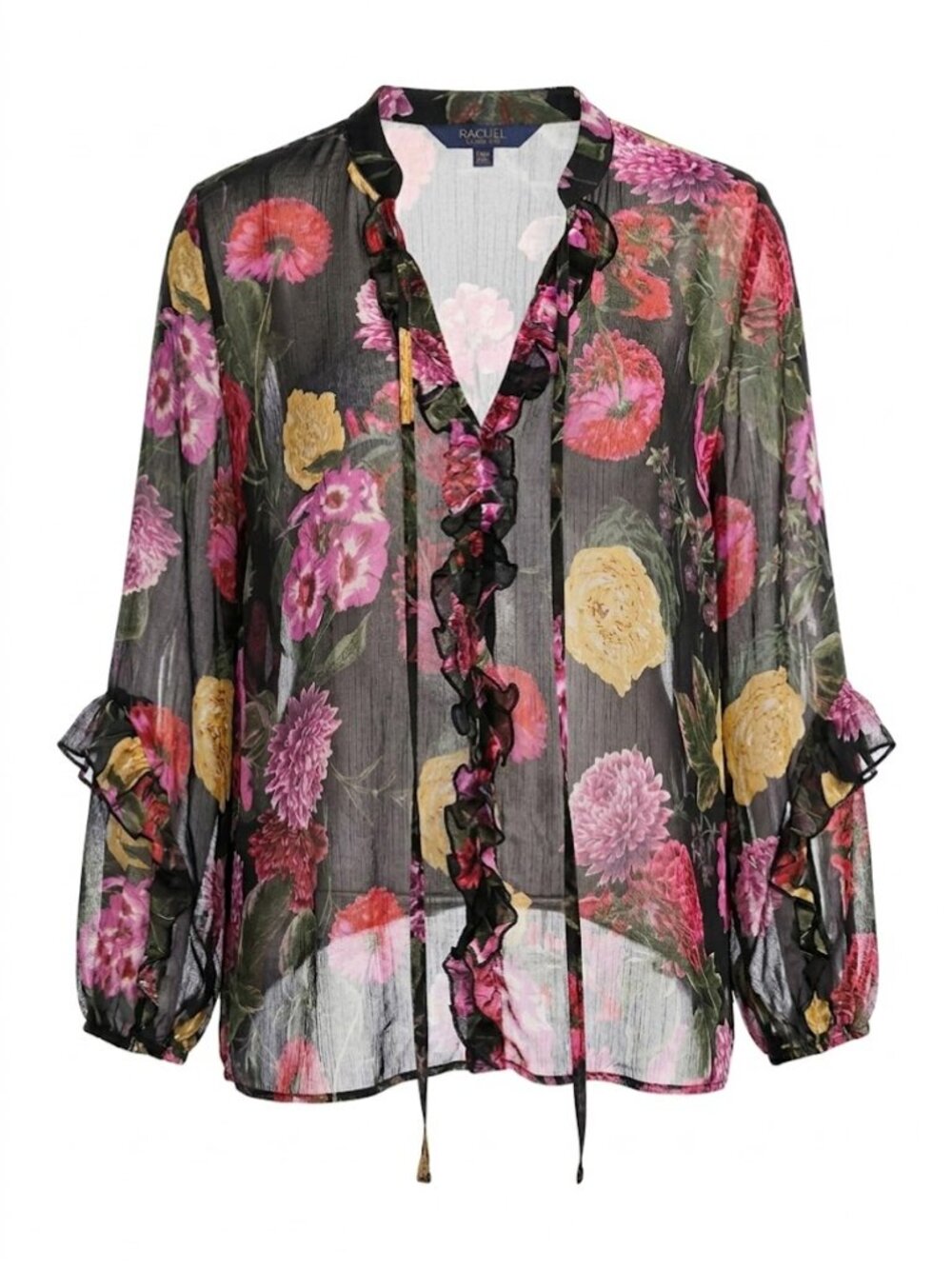 Rachel Roy Blouse 14W Plus Size Sheer Floral Ruffle V-Neck Boho Romantic Long Sl